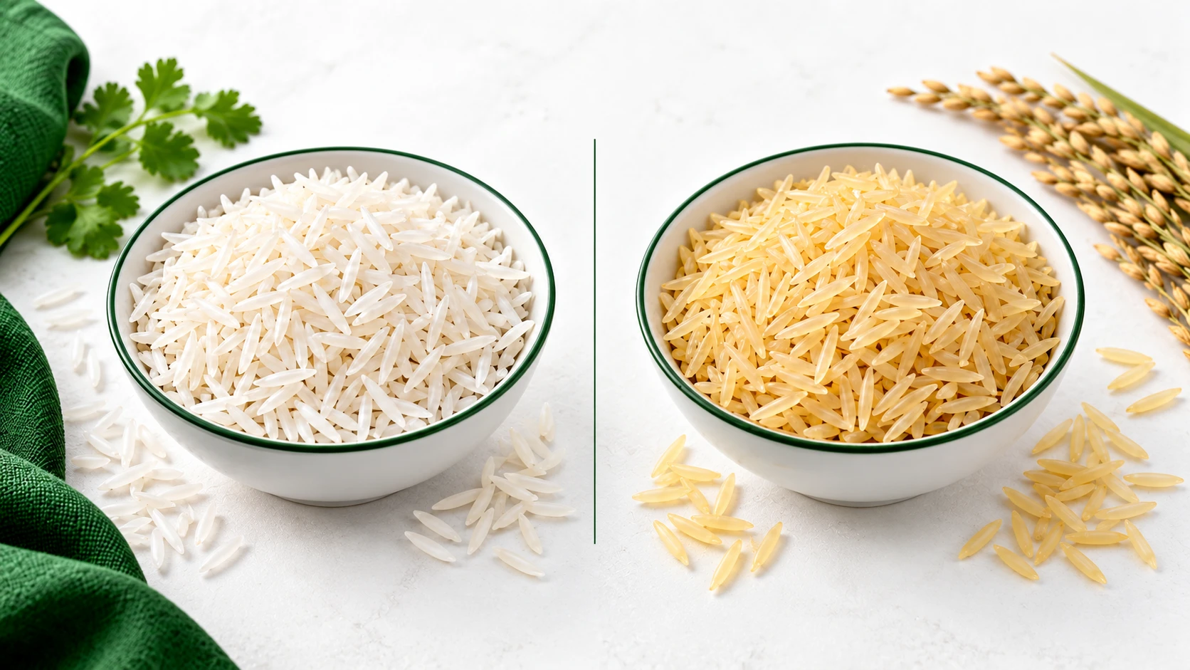 Weißer Basmati-Reis und goldgelber Sella-Basmati-Reis im Vergleich
